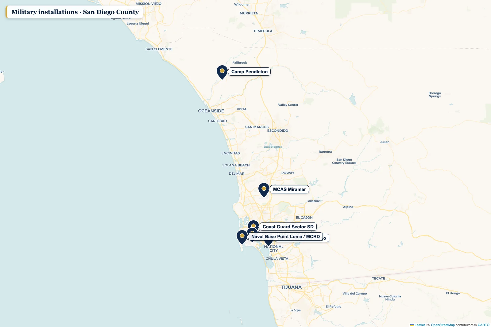 Map of San Diego County military installations: Naval Base San Diego, Naval Base Coronado, Point Loma, MCAS Miramar, Camp Pendleton, Coast Guard